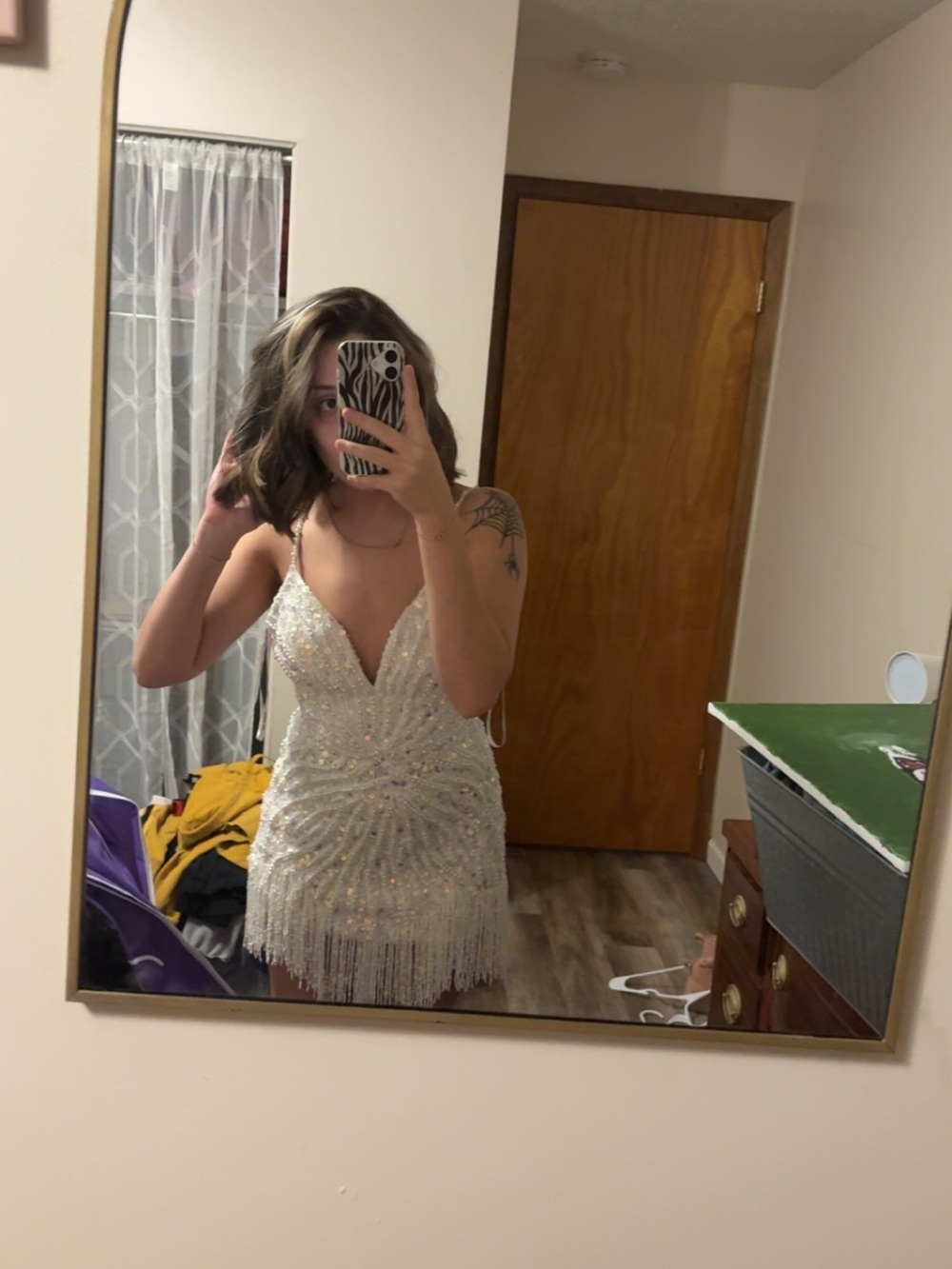 Sherri Hill White Beaded Mini Dress with Fringe